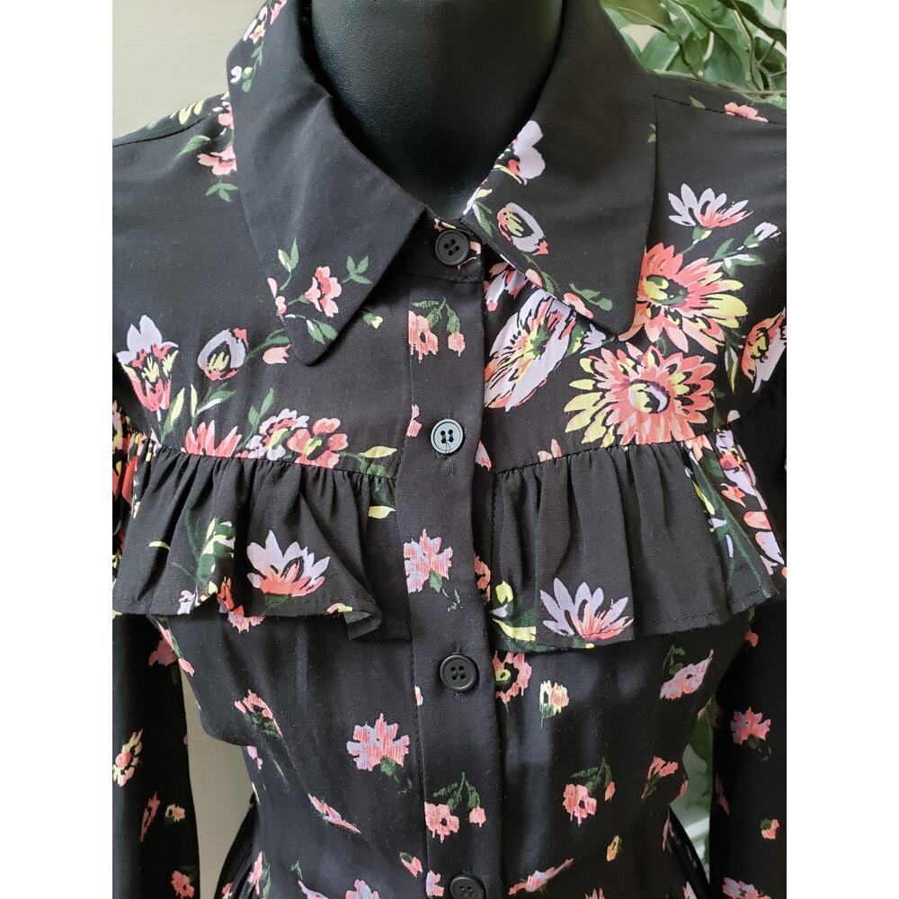 Jill Stuart Shirt Dress Women XS Black Floral Ruffle Pleated Collar Button Front - Picture 13 of 13